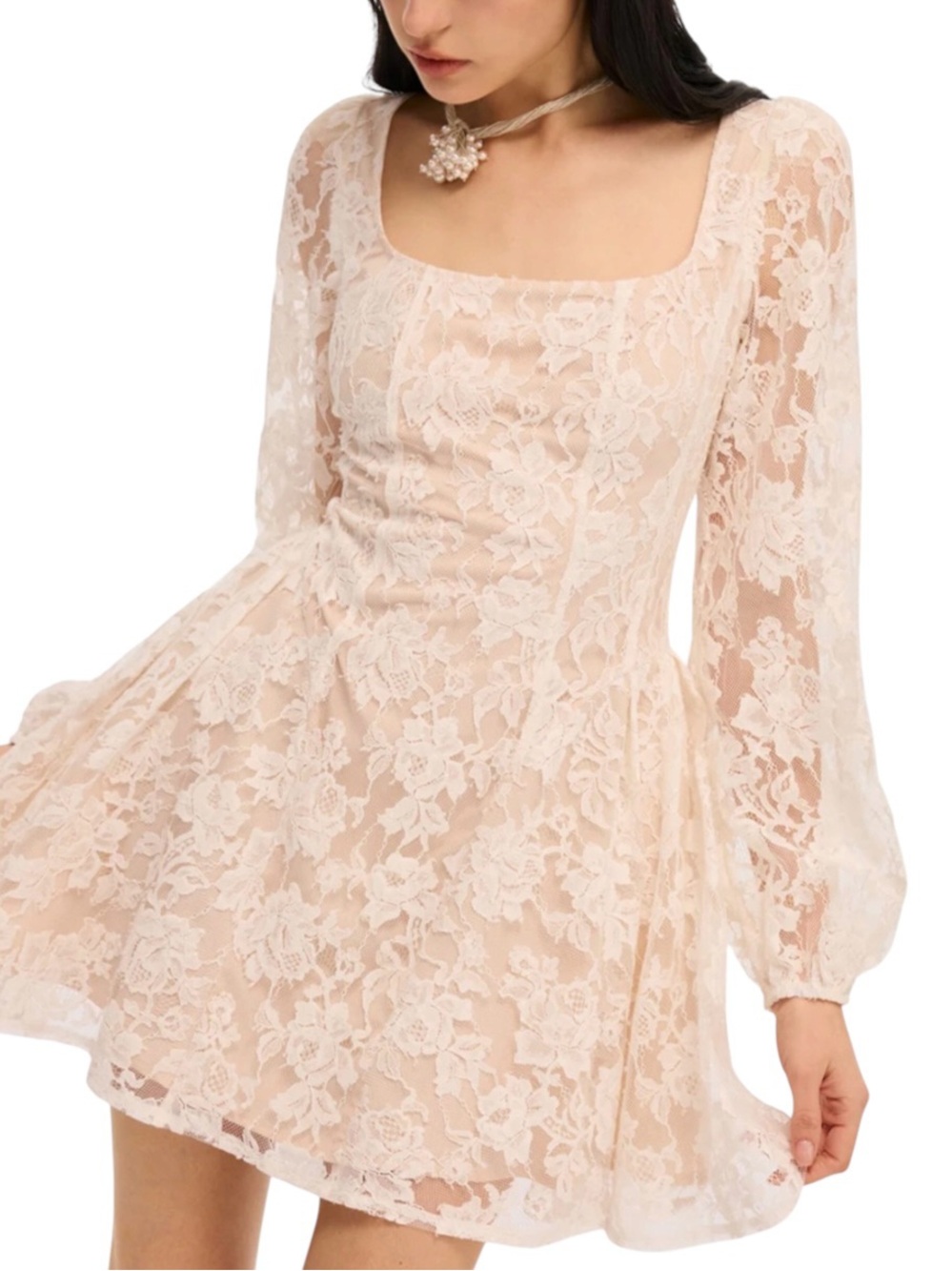 Commense Ivory Floral Lace Square Neck Long Sleeve Mini Dress Large NWT